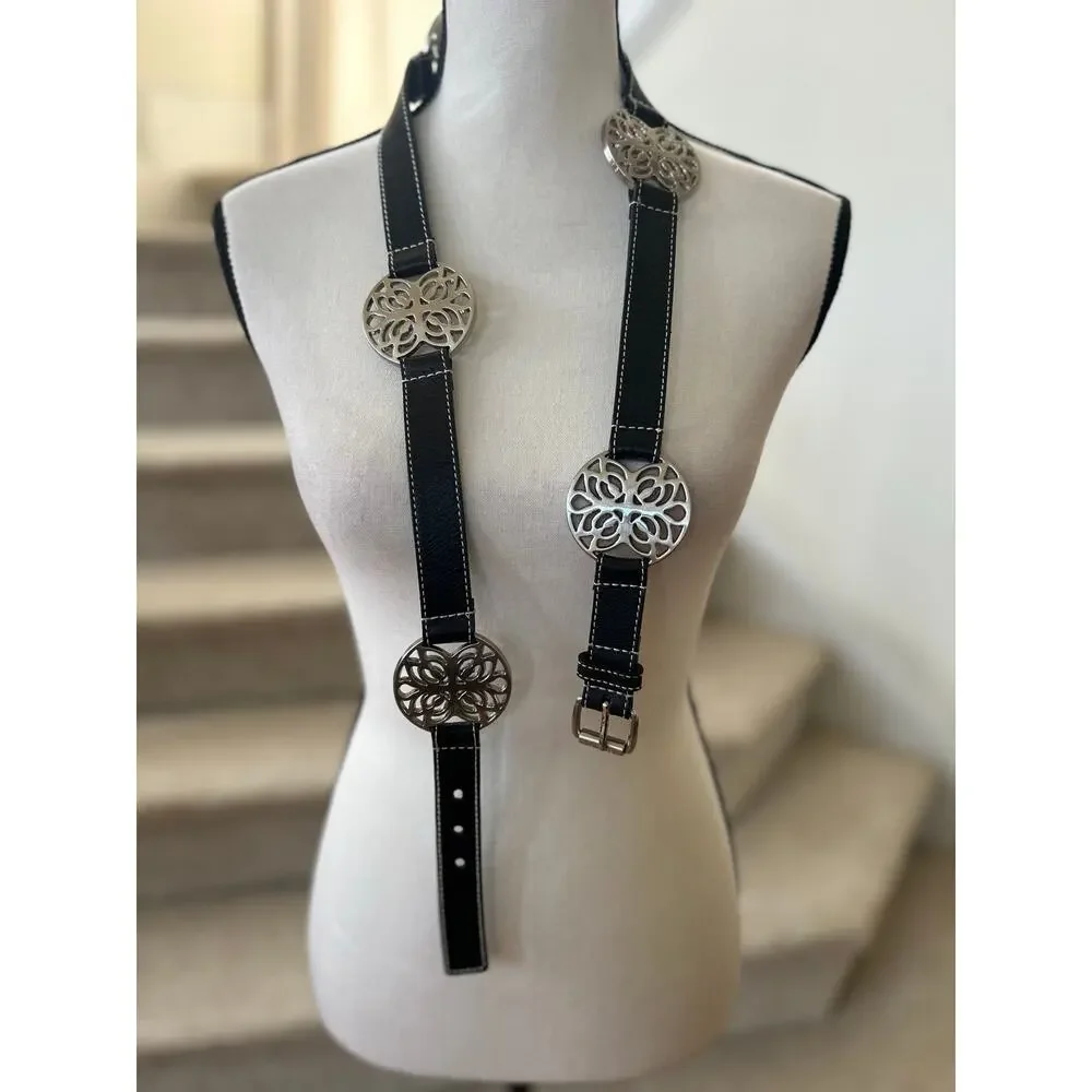 Vintage Calvin Klein Y2K Black Leather Silver Medallion Belt XL